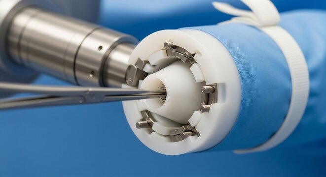 Closeup of Robotic Surgical Arm with Medical Instruments in Operating Room.