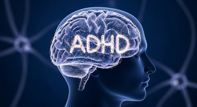 A blue silhouette of a human head with a glowing brain and adhd text inside on a dark blue background with white lines