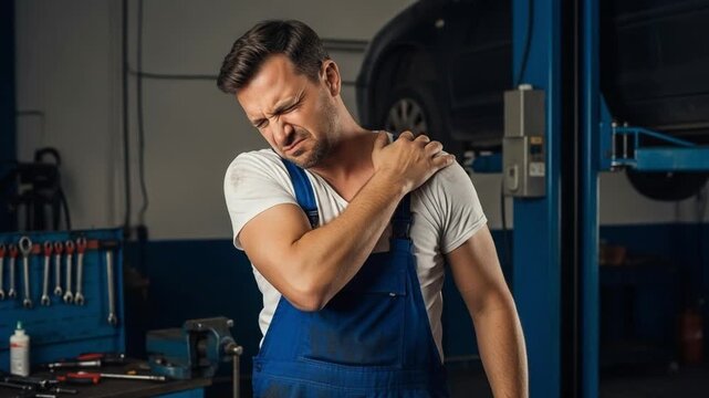 Caucasian male mechanic grimacing with shoulder injury while working in automotive garage