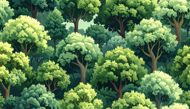 Dense forest illustration lush green canopy and tree texture for backgrounds