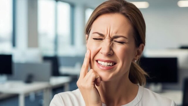 Woman experiencing trigeminal neuralgia facial pain in office setting