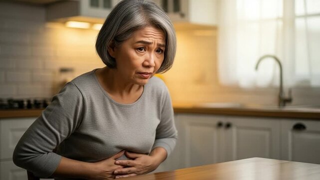 Mature Asian woman holding stomach in pain due to food intolerance or gastritis in kitchen