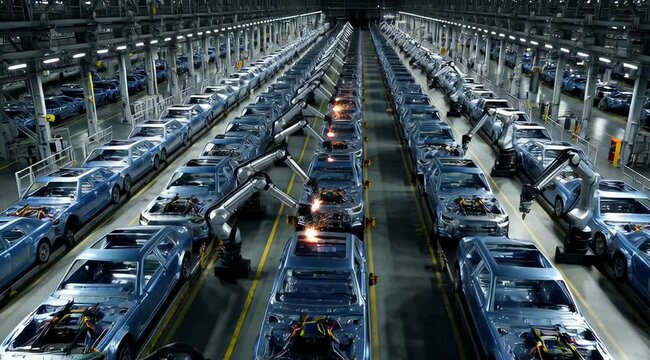 Futuristic engine block assembly robotic arms high-tech automotive factory generative AI