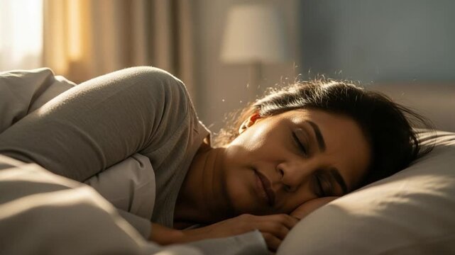South Asian Woman Sleeping Peacefully in Bed with Morning Sunlight, Circadian Rhythm Health