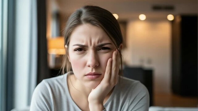 Young Caucasian Woman Suffering from TMJ Disorder and Jaw Pain at Home Indoors
