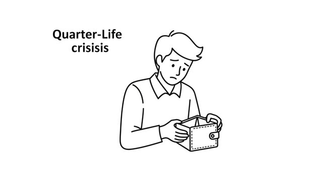 Young man with empty wallet experiencing quarter-life crisis, financial stress