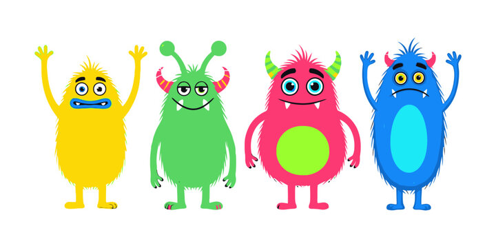 Colorful cartoon monsters with raised hands.