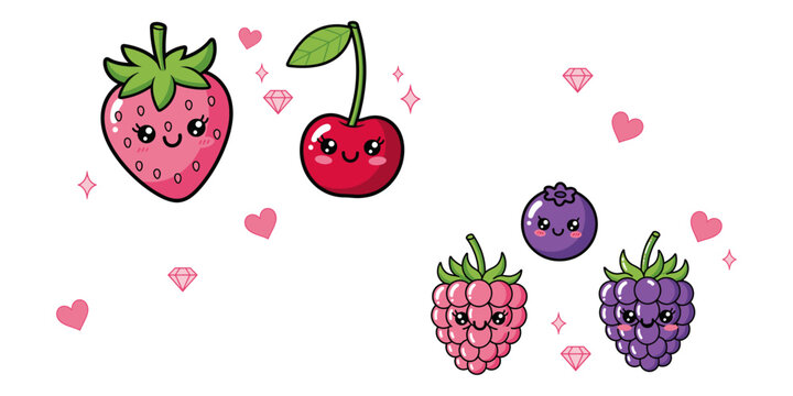 Cute cartoon fruits with smiling faces.