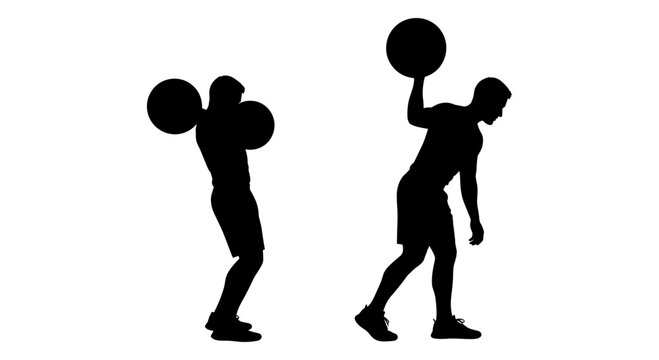 Two silhouettes demonstrating different weightlifting techniques with heavy medicine balls Vector, illustration