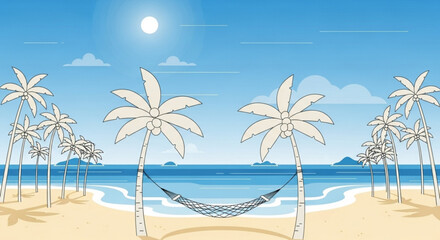 Obraz premium Serene beach scene with hammock between palm trees under sunny blue sky and ocean waves on sandy shore