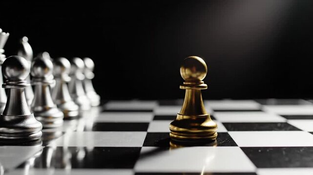 A lone gold pawn stands against a row of silver chess pieces on a board.