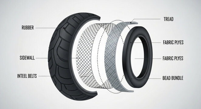 Cutaway view of tire layers showing rubber sidewall steel belts tread fabric plies and bead bundle