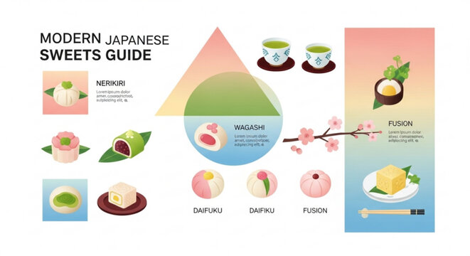 Modern japanese sweets guide infographic with various traditional desserts