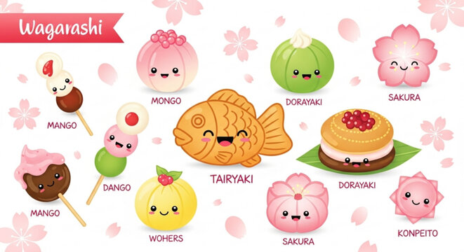 Colorful japanese sweets and desserts with cute cartoon faces cherry blossoms