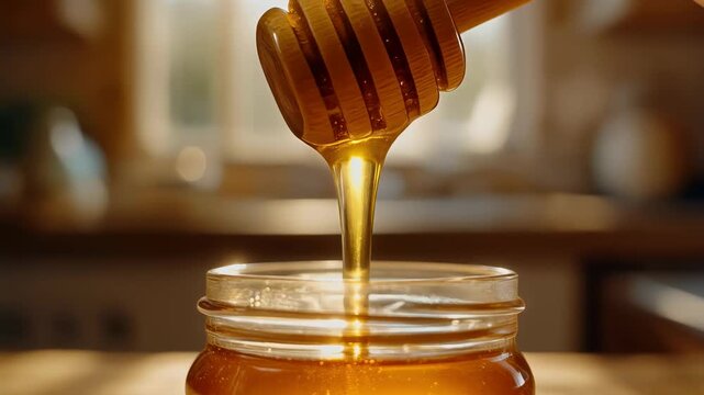 Golden honey pouring smoothly from a wooden dipper into a glass jar in a sunlit kitchen, creating a warm and peaceful atmosphere.