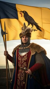 Adult Caucasian Male in Medieval Slavic Noble Armor Holding Raven Banner and Halberd