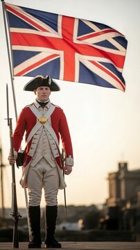 Historical Reenactor as British Redcoat Soldier with Musket and Union Jack Flag