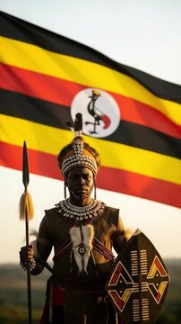 African man in traditional Ugandan warrior costume with spear and shield before national flag