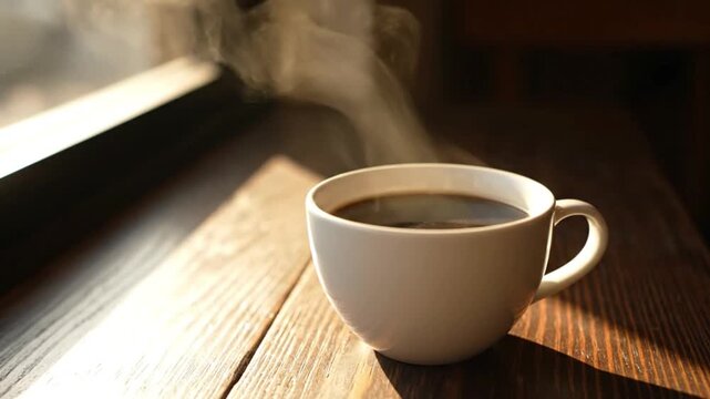 Steaming White Cup of Hot Black Coffee on Wooden Table by Window with Natural Morning Sunlight