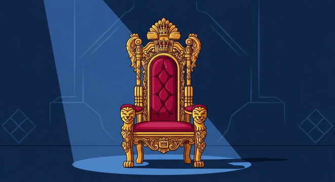 Luxurious gold throne chair with red velvet seat and backrest ornate carvings lion head armrests spotlight on blue background