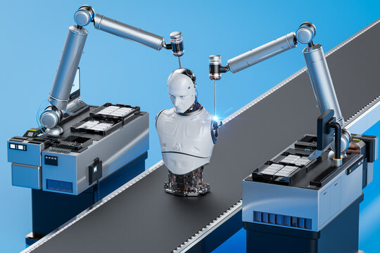 Robot assembly line producing cyborg in factory