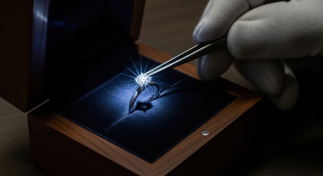 A jeweler's gloved hands placing a diamond ring into a velvet-lined ring box. The ring is held with tweezers, positioned perfectly, and the lid is closed with a satisfying click.