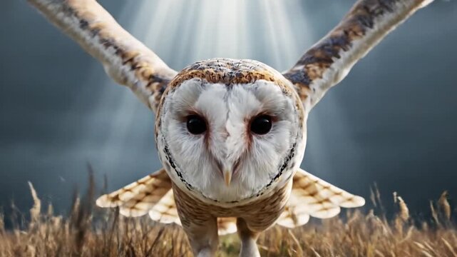 A barn owl spreads its wings flying towards the camera in a field.