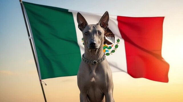 Majestic Xoloitzcuintli dog posing with Mexican flag for patriotic cultural celebration.