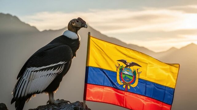 Majestic Andean Condor and Ecuadorian Flag Representing National Pride and Heritage