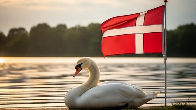 Mute Swan Resting by Lake with Danish Flag, National Symbol of Denmark