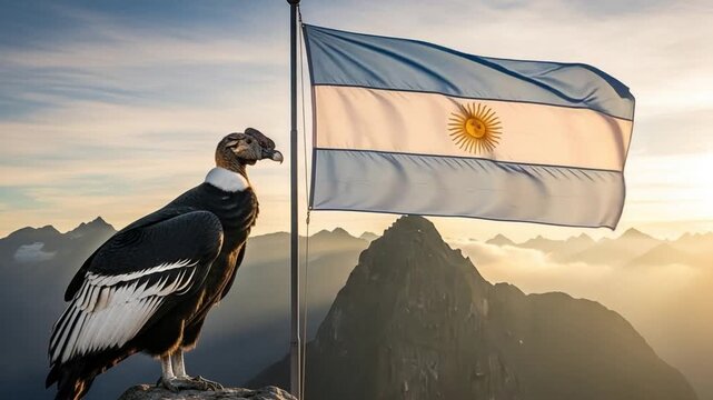 Majestic Adult Condor Bird and National Flag Overlooking High Mountain Peaks