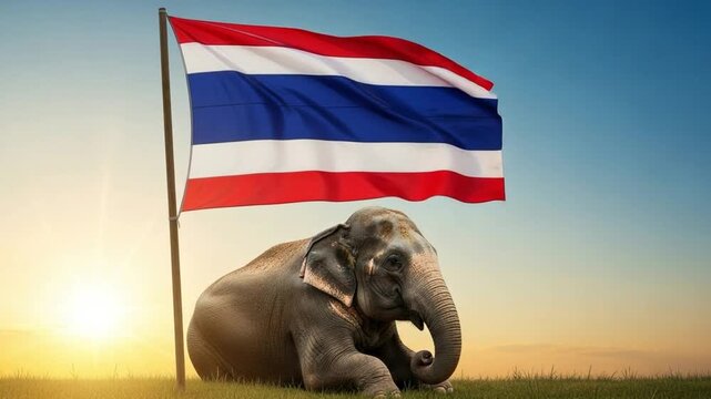Symbolic Thai flag and elephant on grass at sunrise, national pride and cultural identity concept