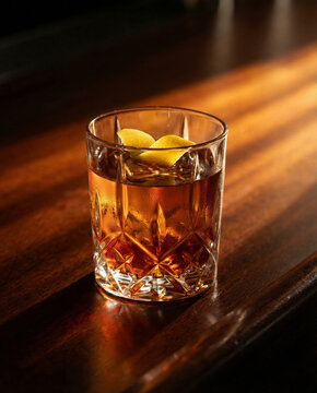 Classic Sazerac cocktail with lemon peel sitting on a polished wooden bar counter