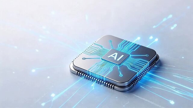 Futuristic AI chip with glowing blue circuitry and 'AI' logo, symbolizing artificial intelligence, machine learning, and next-generation computing technology.
