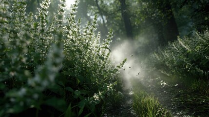 Obraz premium Photorealistic side view of holy basil plants in a sunlit, misty forest garden path