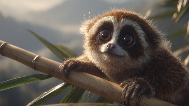 Adorable slow loris with large expressive eyes clinging to a bamboo branch in a natural setting