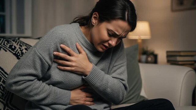 Young adult woman suffering from severe acid reflux and chest pain at home on sofa