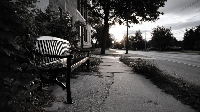 Black and white photo of a one bench on a sidewalk