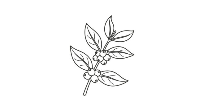Coffee Branch with Berries and Leaves, Hand-Drawn Sketch Style