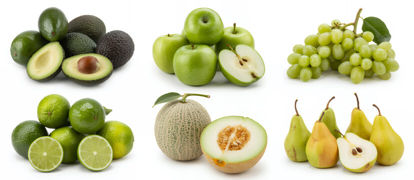 Assorted green fruits including avocados apples grapes limes cantaloupe and pears