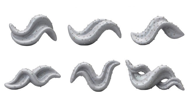six grey abstract 3d objects with small spheres on a white background motion digital art likely for design