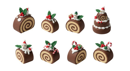 Fototapeta premium miniature christmas yule log cakes on white festive decoration and celebration holiday greetings