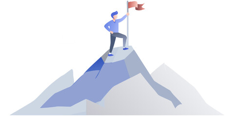 A man stands triumphantly on a mountaintop waving a flag © Piku