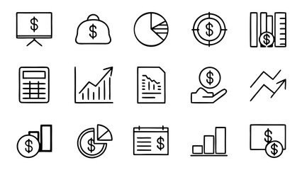 Fototapeta premium A collection of thirty-three white outline icons showing business profit indicators like upward arrows and money bags over a black background.