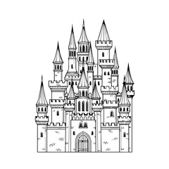 Obraz premium Intricate monochrome castle with multiple towers, battlements, and arches in a detailed fantasy illustration.