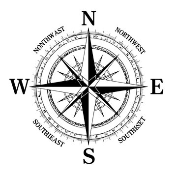 Detailed compass rose graphic with cardinal directions and ornate spokes design.