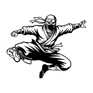 Energetic monochrome ninja in mid-air jump, dynamic action and stealthy pose.