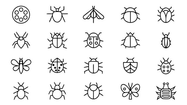A collection of thirty-six white line icons on a black background depicts various insects and arachnids including ladybugs, spiders, and scorpions.