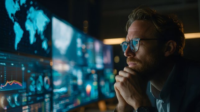 business leader analyzing risk dashboard global crisis scenario modern office high detail cinematic lighting copy space