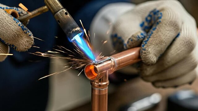 Professional HVAC Technician Brazing Copper Pipe Joint with Blowtorch and Sparks